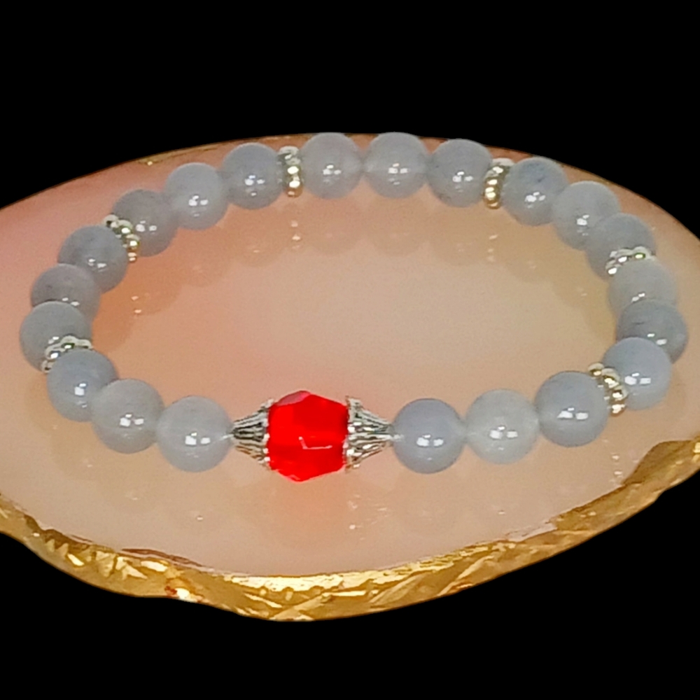Grey Chalcedony & Red Beaded Stretch Bracelet Y2K Day to Night Modern Retro Glam
